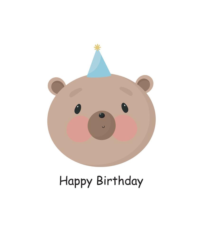 festa di compleanno, biglietto di auguri, invito a una festa. illustrazione per bambini con simpatico orso in stile cartone animato. vettore