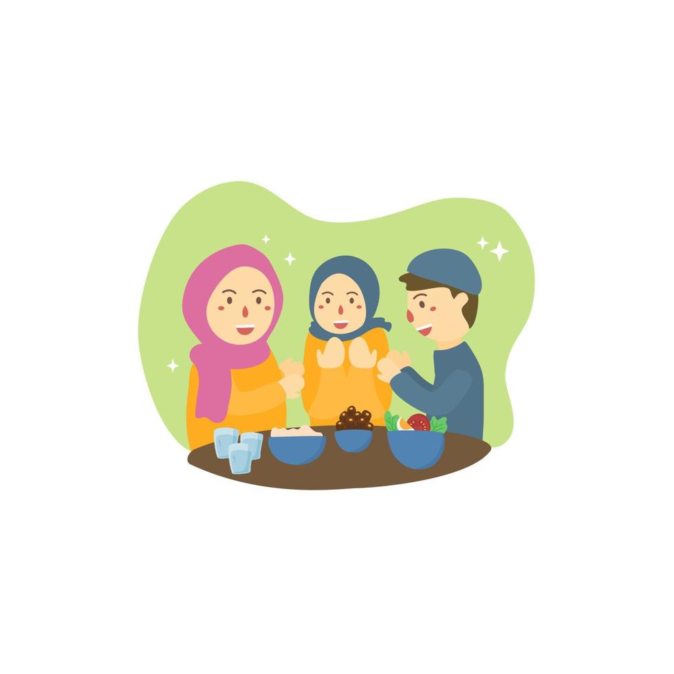 famiglia musulmana che si gode il ramadan iftar insieme nella felicità durante il digiuno vettore