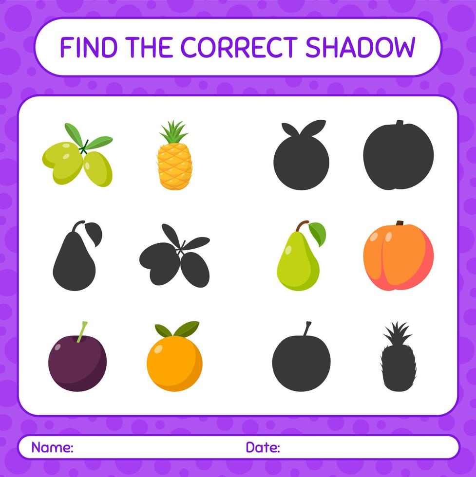 trova il gioco delle ombre corretto con i frutti. foglio di lavoro per bambini in età prescolare, foglio attività per bambini vettore