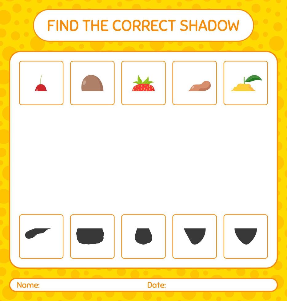 trova il gioco delle ombre corretto con i frutti. foglio di lavoro per bambini in età prescolare, foglio attività per bambini vettore