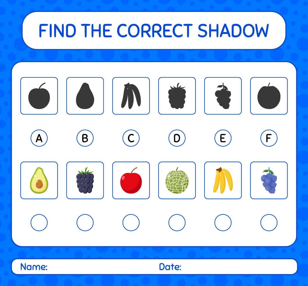 trova il gioco delle ombre corretto con i frutti. foglio di lavoro per bambini in età prescolare, foglio attività per bambini vettore
