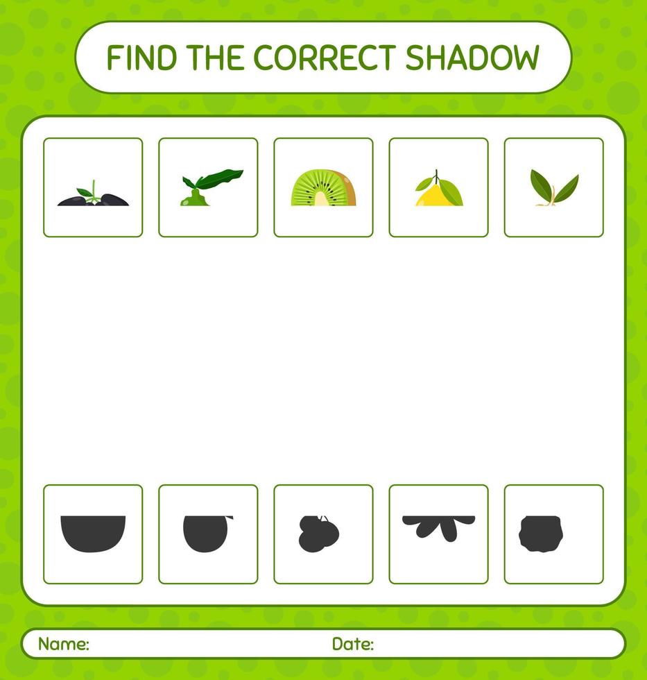 trova il gioco delle ombre corretto con i frutti. foglio di lavoro per bambini in età prescolare, foglio attività per bambini vettore