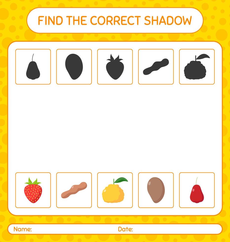 trova il gioco delle ombre corretto con i frutti. foglio di lavoro per bambini in età prescolare, foglio attività per bambini vettore