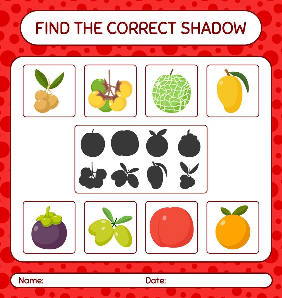 trova il gioco delle ombre corretto con i frutti. foglio di lavoro per bambini in età prescolare, foglio attività per bambini vettore