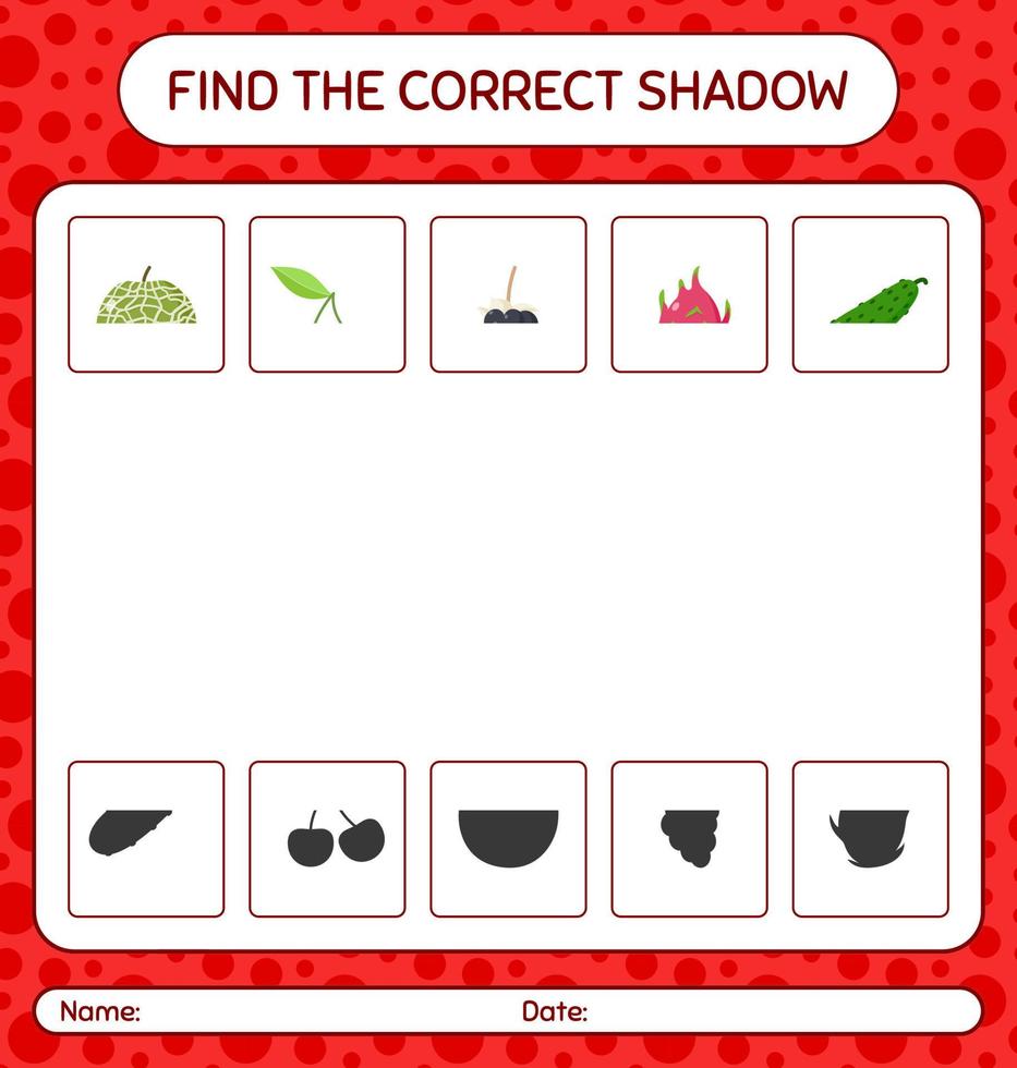 trova il gioco delle ombre corretto con i frutti. foglio di lavoro per bambini in età prescolare, foglio attività per bambini vettore