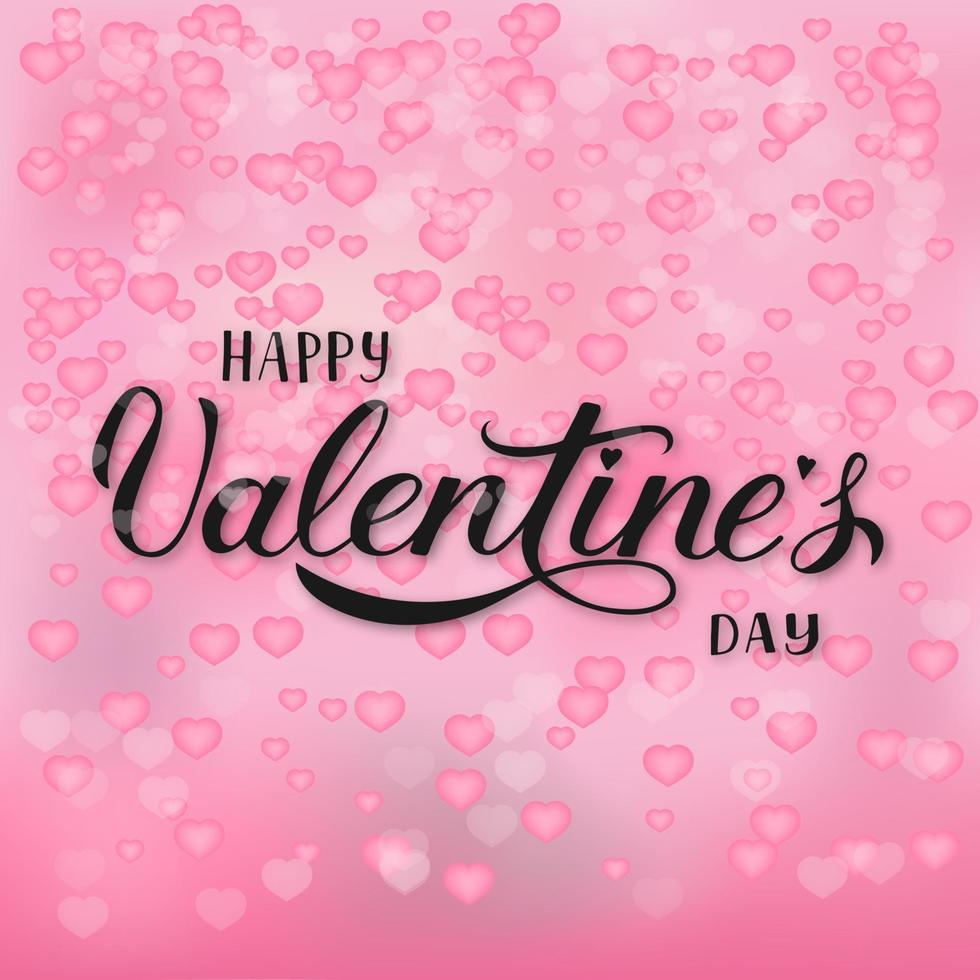 felice giorno di san valentino calligrafia scritte a mano su sfondo rosa tenue con coriandoli di cuori che cadono. vettore