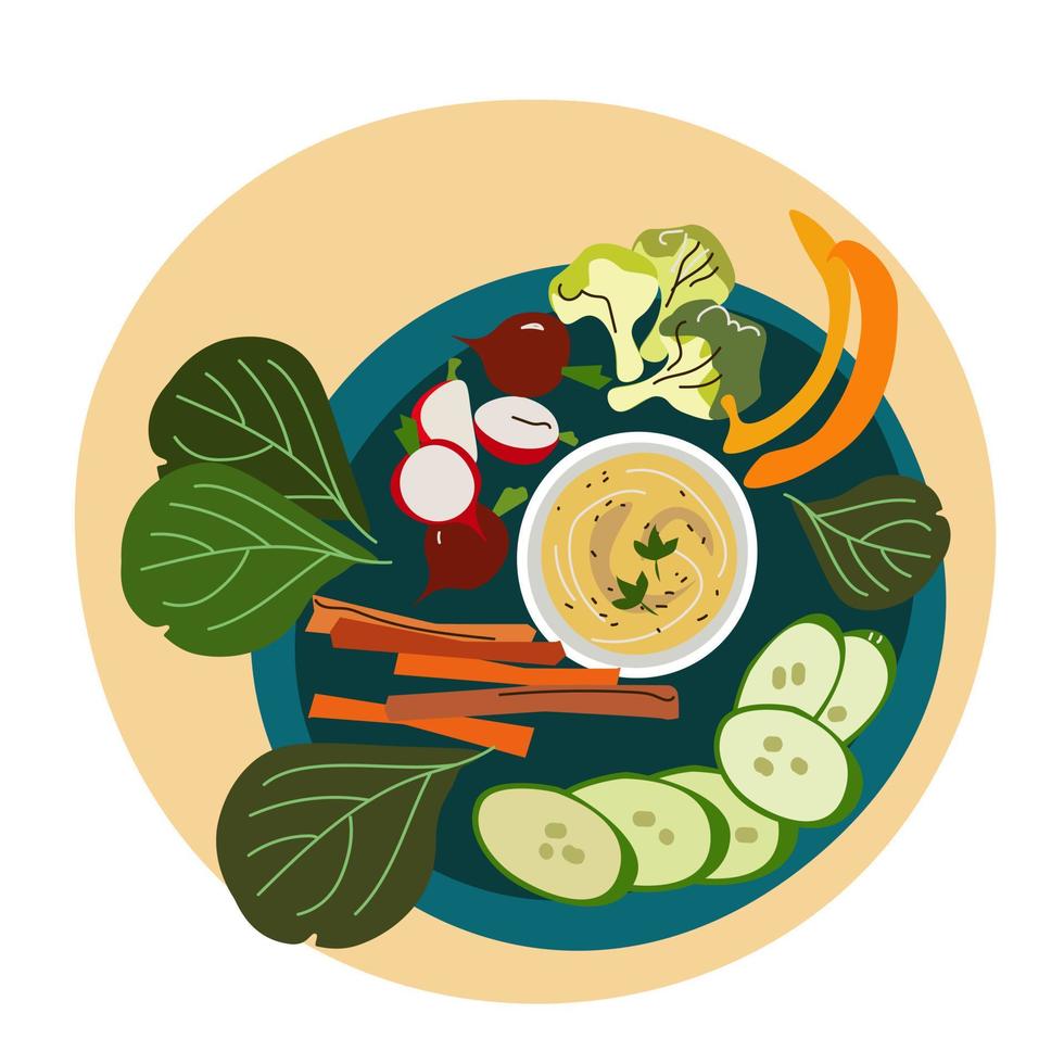 hummus di verdure. colazione. illustrazione vettoriale vista dall'alto.