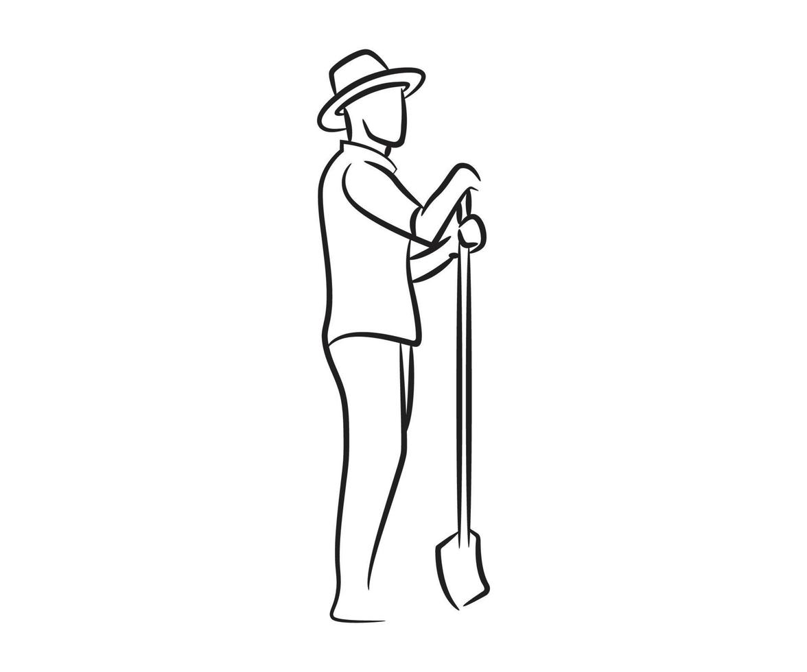 illustrazione della pala della holding dell'agricoltore in piedi disegnato a mano vettore
