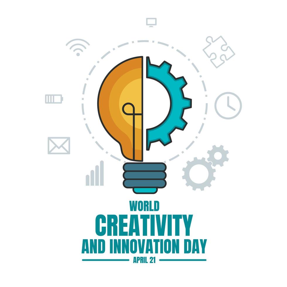 illustrazione vettoriale di una lampadina e un ingranaggio, come banner, poster o modello nella giornata mondiale della creatività e dell'innovazione.