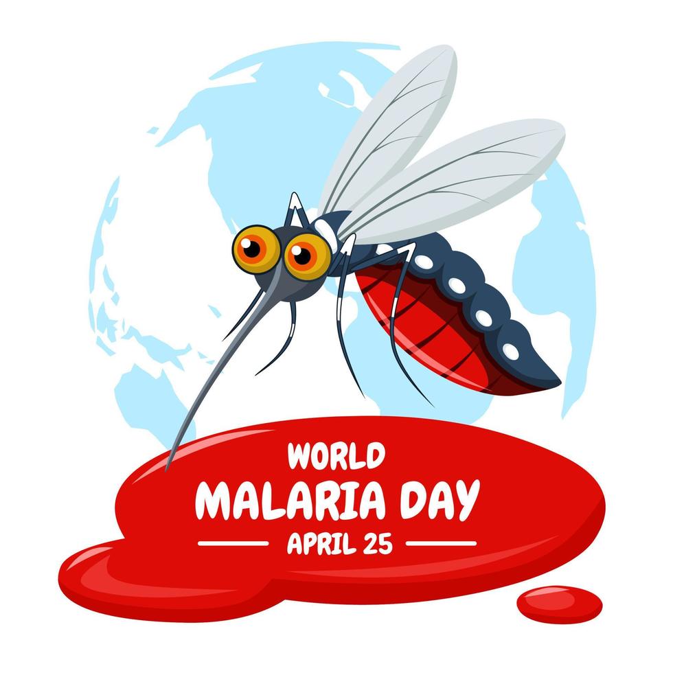 illustrazione vettoriale di una zanzara che succhia sangue, su uno sfondo di mappa del mondo, come banner, poster o modello, giornata mondiale della malaria o giornata mondiale della febbre dengue.