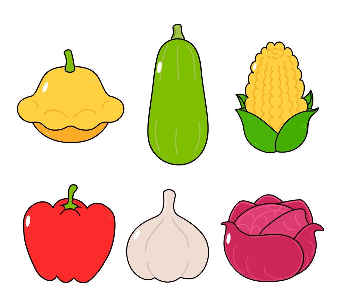 set di personaggi di verdure felici e carini divertenti. icona dell'illustrazione del carattere kawaii del fumetto disegnato a mano di vettore. sfondo bianco isolato. simpatico midollo vegetale, aglio, mais, pepe, zucca, cavolo cappuccio vettore