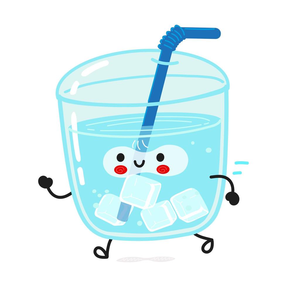 carino divertente bicchiere d'acqua in esecuzione. icona dell'illustrazione del carattere kawaii del fumetto disegnato a mano di vettore. isolato su sfondo bianco. eseguire il concetto di bicchiere d'acqua vettore