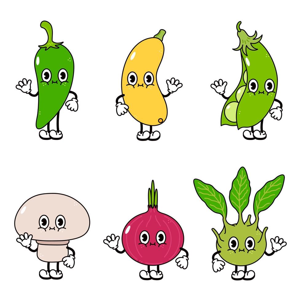 set di personaggi di verdure felici e carini divertenti. icona dell'illustrazione del carattere kawaii del fumetto disegnato a mano di vettore. simpatici zucchine, peperoni, piselli, funghi, cipolla rossa, cavolini di Bruxelles vettore