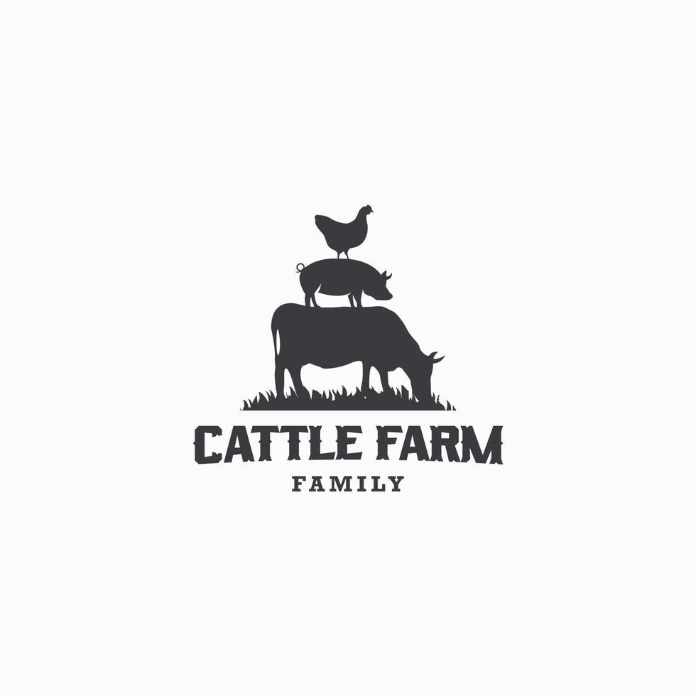 modello di progettazione del logo della famiglia dell'allevamento di bovini. vintage, mucca, maiale, pollo, carne - vettore