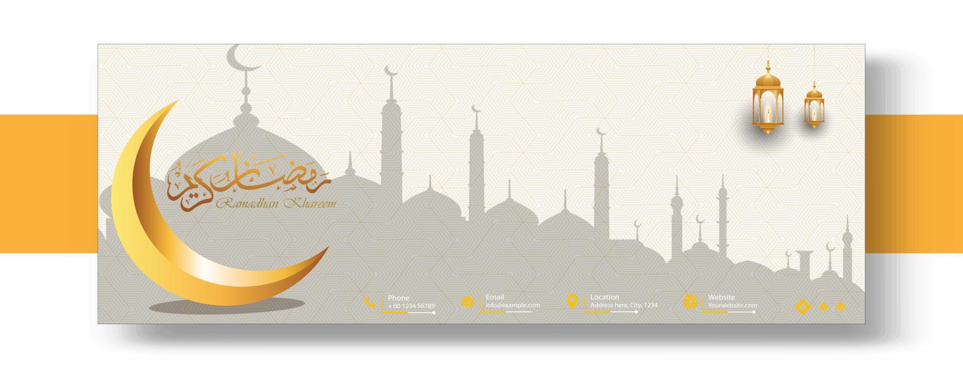 modello di copertina di sfondo ramadan. con falce di luna, lanterna e calligrafia araba vettore