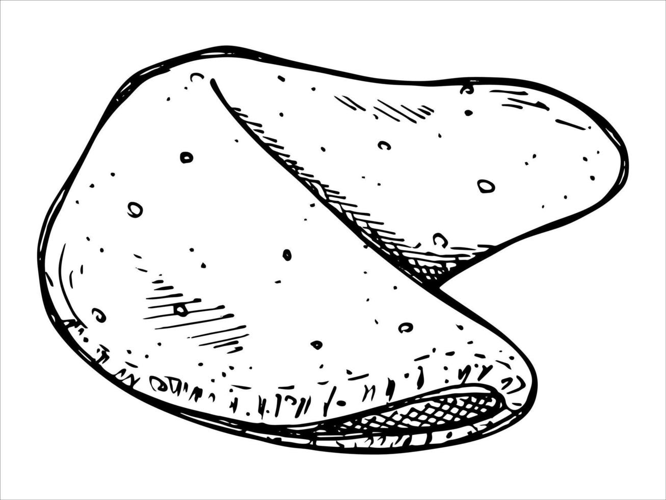 biscotto della fortuna cinese disegnato a mano di vettore. illustrazione del cibo. biscotto croccante con un pezzo di carta bianco all'interno. per stampa, web, design, arredamento, logo. vettore