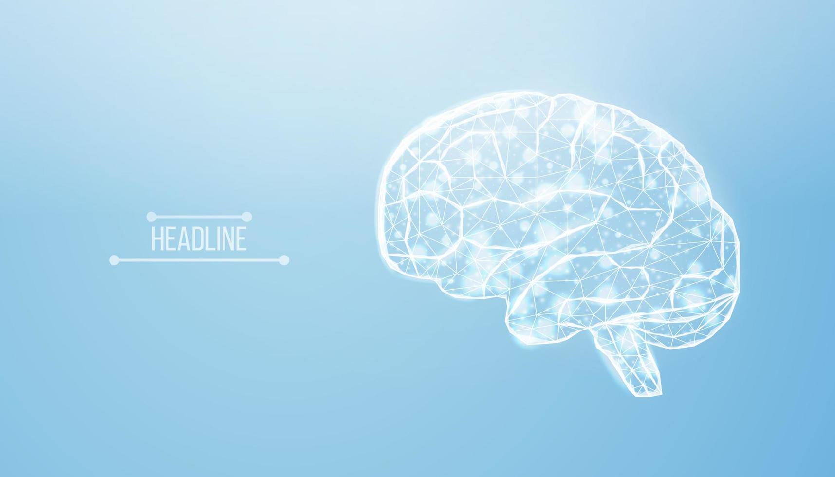 cervello umano. stile wireframe basso poli. concetto per medicina, cancro al cervello, rete neurale. illustrazione vettoriale astratta moderna 3d su sfondo blu.