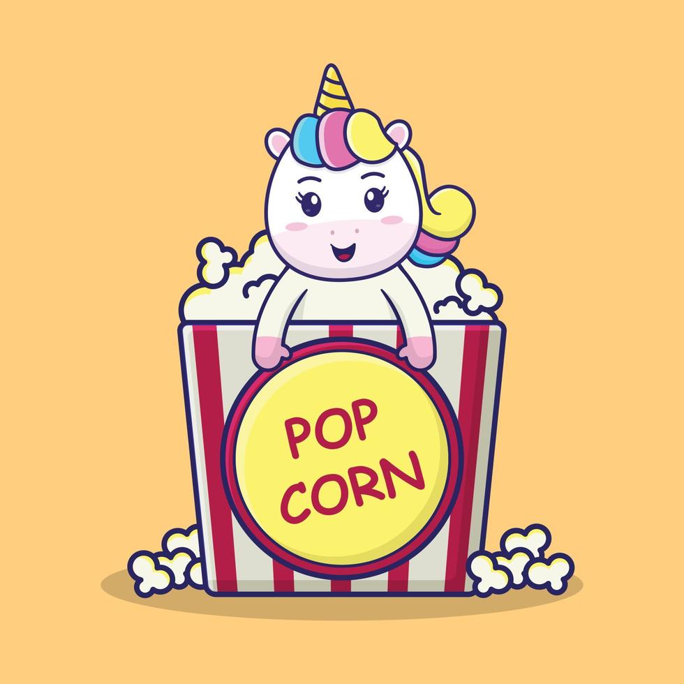 simpatico unicorno in tazza di popcorn vettore