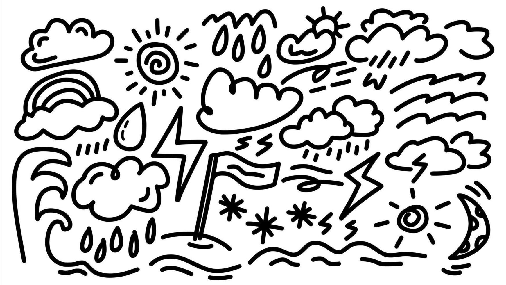 icona delle previsioni del tempo e della situazione della spiaggia impostata con doodle fumetti disegnati a mano contorni in stile arte collezione di modelli vettoriali per fumetti da colorare e adesivi