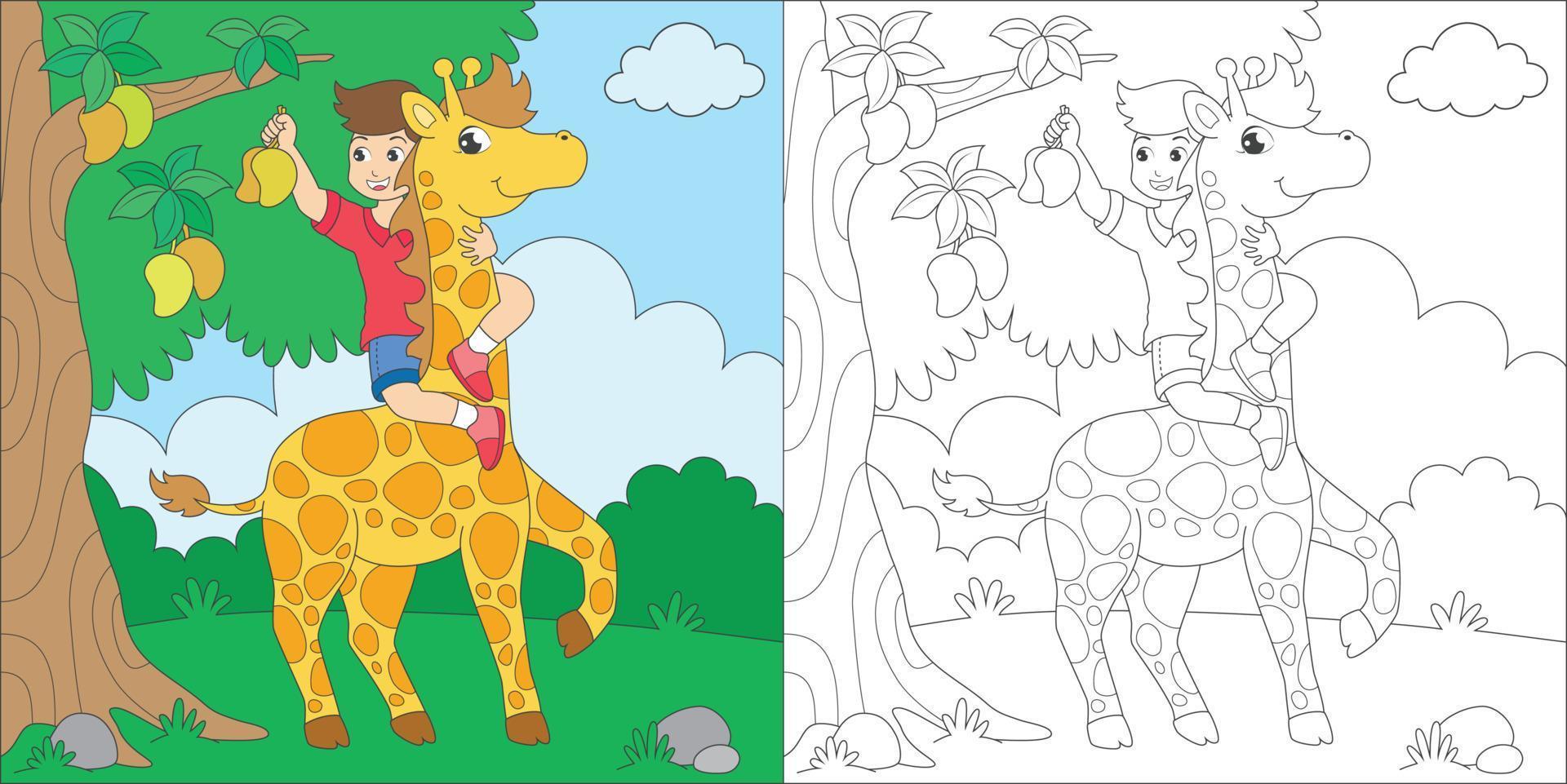 ragazzo da colorare e giraffa vettore