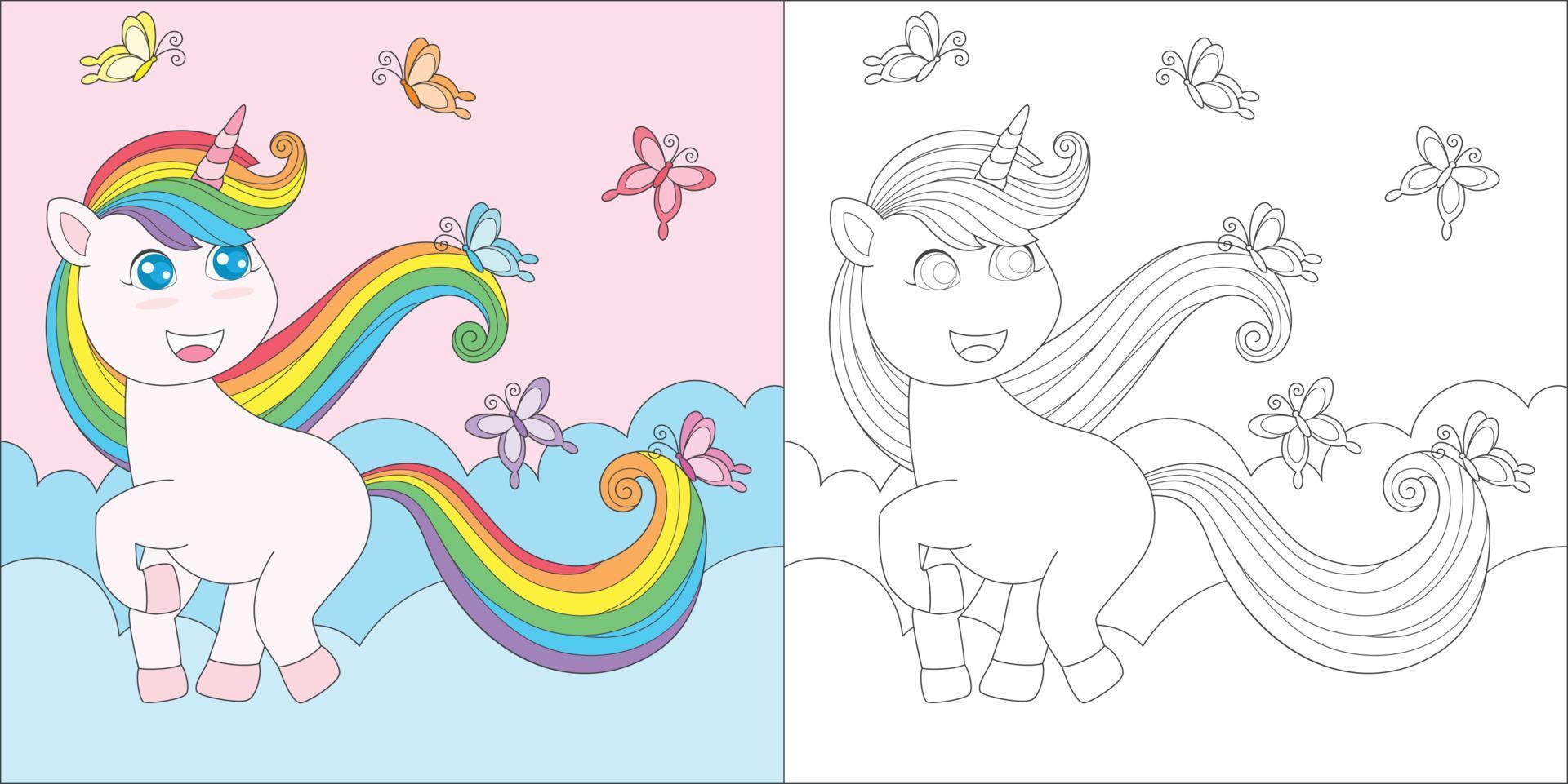 colorare unicorno e farfalle vettore