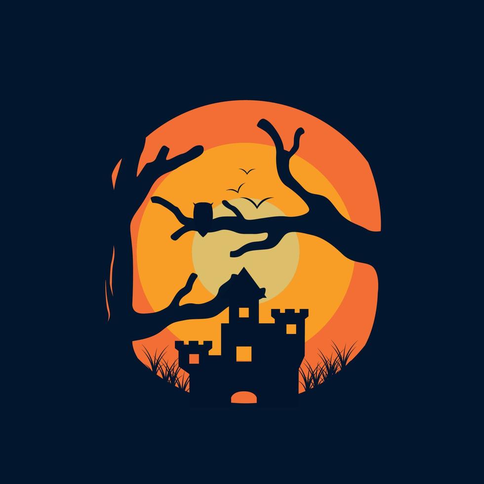 illustrazione del logo della foresta spaventosa della casa con ispirazione per il design vettoriale all'aperto del tramonto