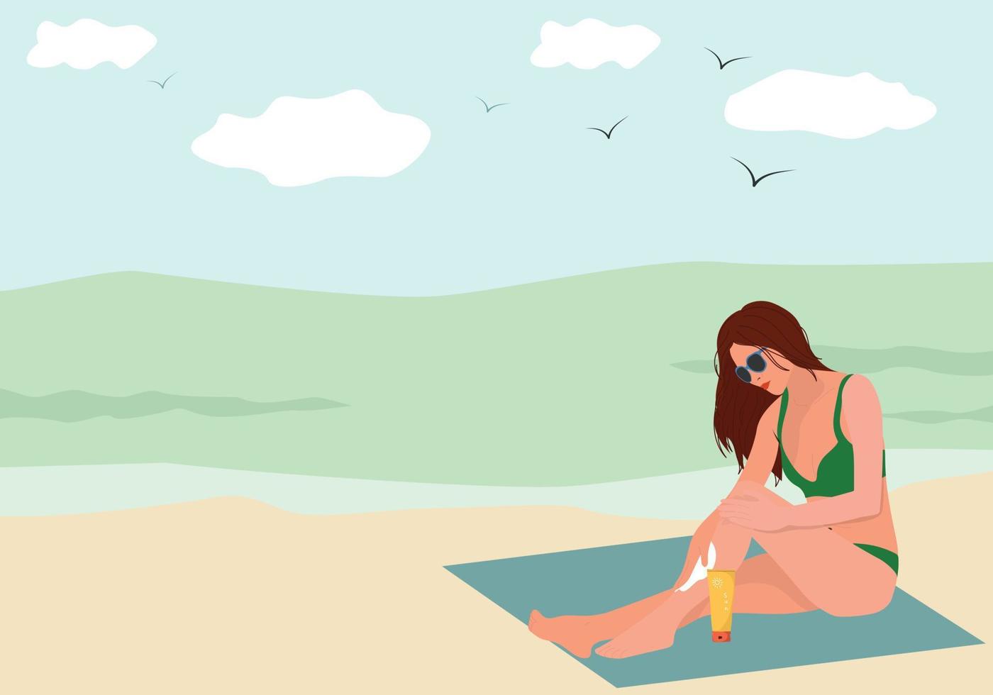 donna che applica crema solare sulla spiaggia vettore