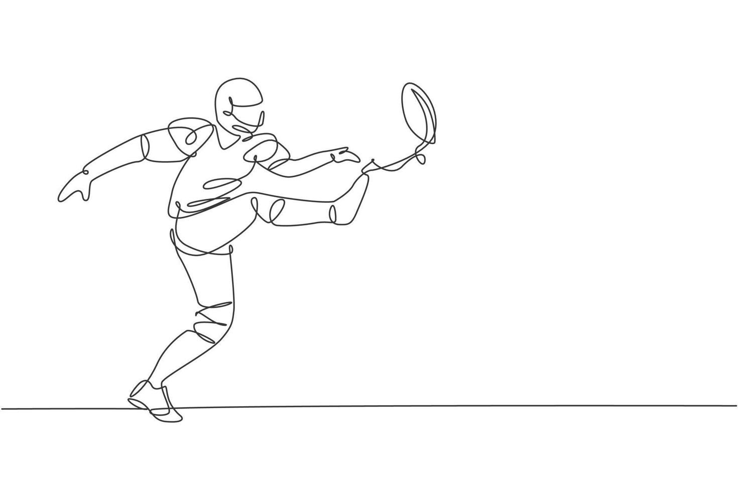 un disegno a linea singola di un energico giocatore di football americano che calcia forte la palla nell'arena per la promozione della lega. concetto di competizione sportiva. illustrazione vettoriale moderna di disegno a linea continua