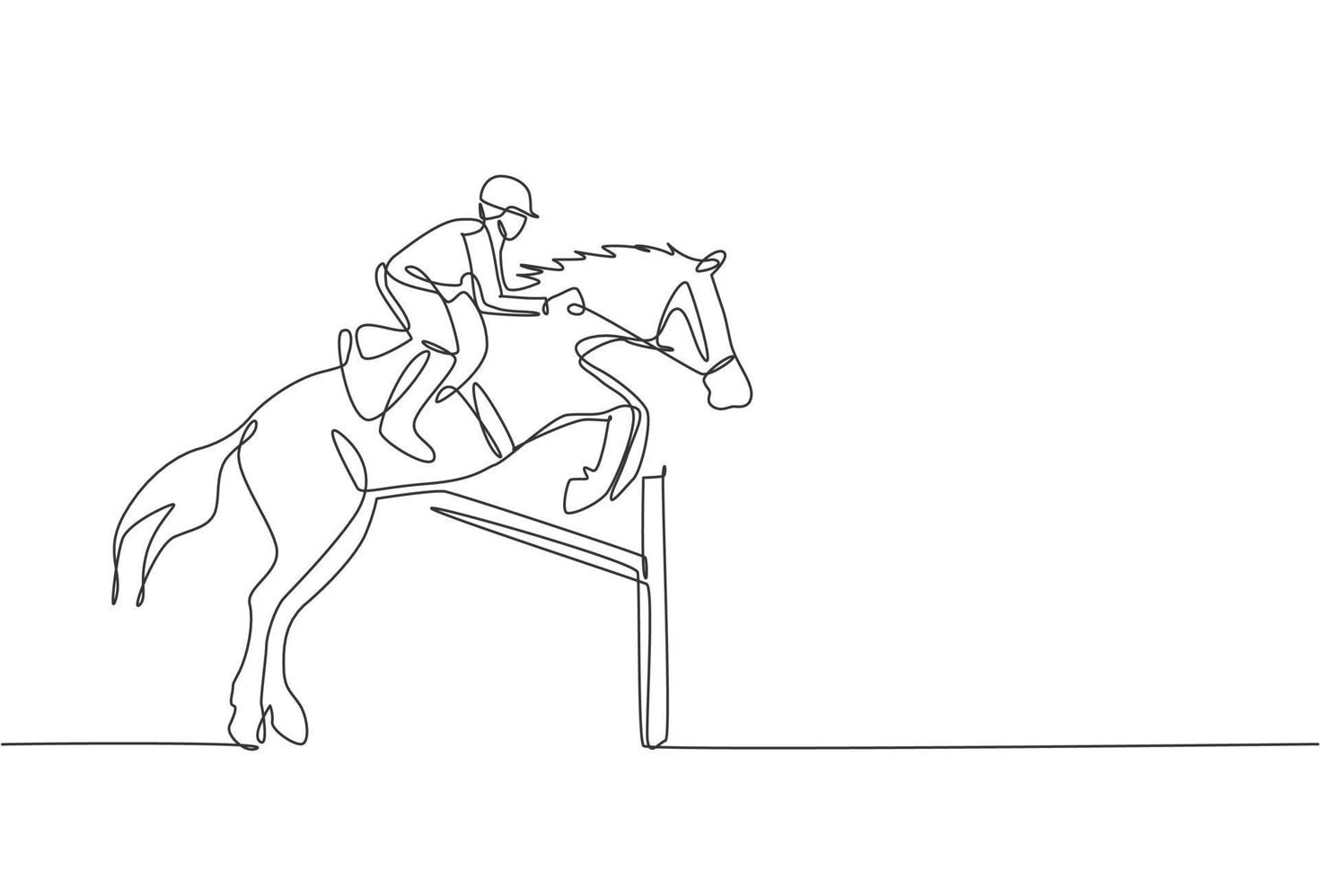 un disegno a linea singola di un giovane cavaliere che esegue dressage saltando il grafico di illustrazione vettoriale di prova a ostacoli. concetto di competizione di spettacolo di sport equestri. moderno disegno a linea continua