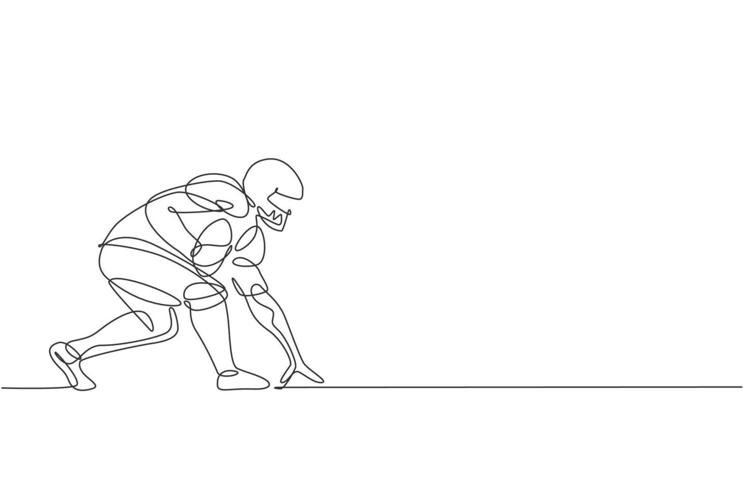 un disegno a linea continua della posizione del giovane giocatore di football americano per correre veloce per raggiungere la linea di porta per il poster della competizione. concetto di lavoro di squadra sportivo. illustrazione vettoriale dinamica del disegno a linea singola