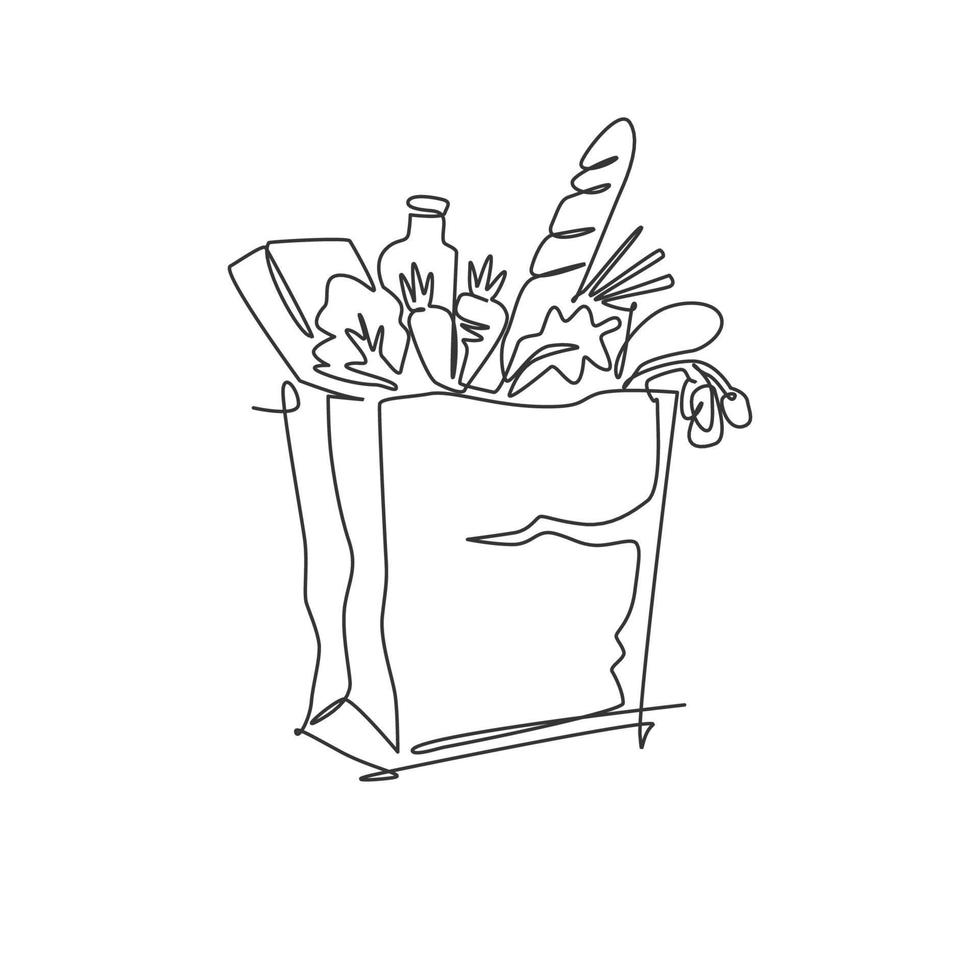 un disegno a linea continua di deliziose verdure fresche, latte, baguette e pane all'interno del sacchetto della spesa di carta. concetto di alimento base. illustrazione grafica vettoriale moderna con disegno a linea singola