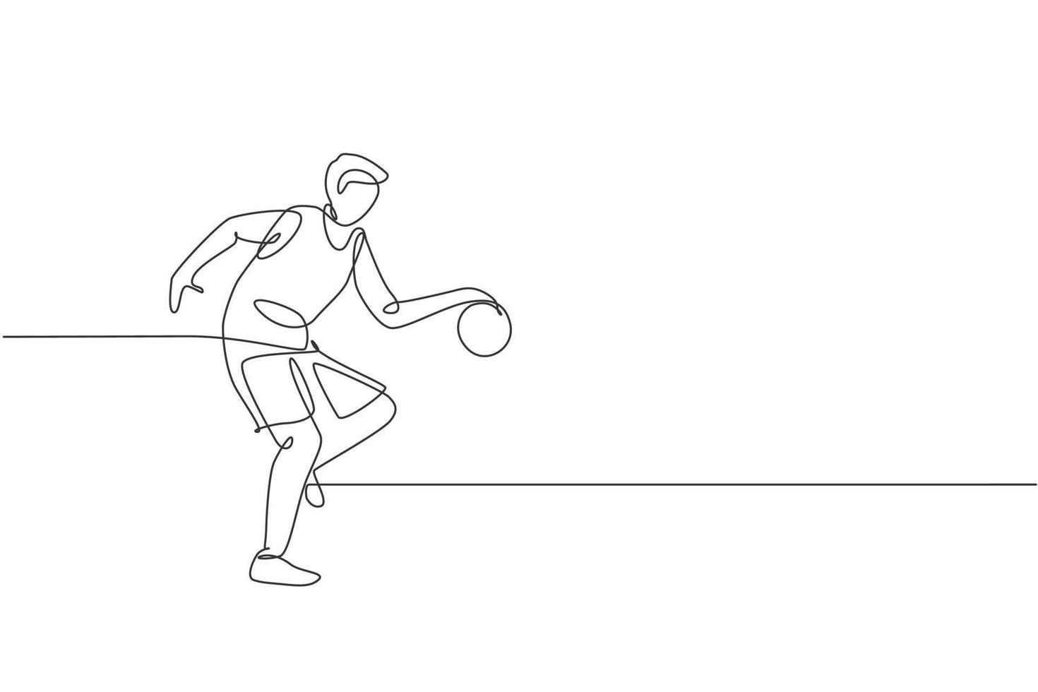 un disegno a linea singola di un giovane energico giocatore di basket si allena all'illustrazione grafica vettoriale di corte. concetto di competizione sportiva. moderno disegno a linea continua per poster di tornei di basket