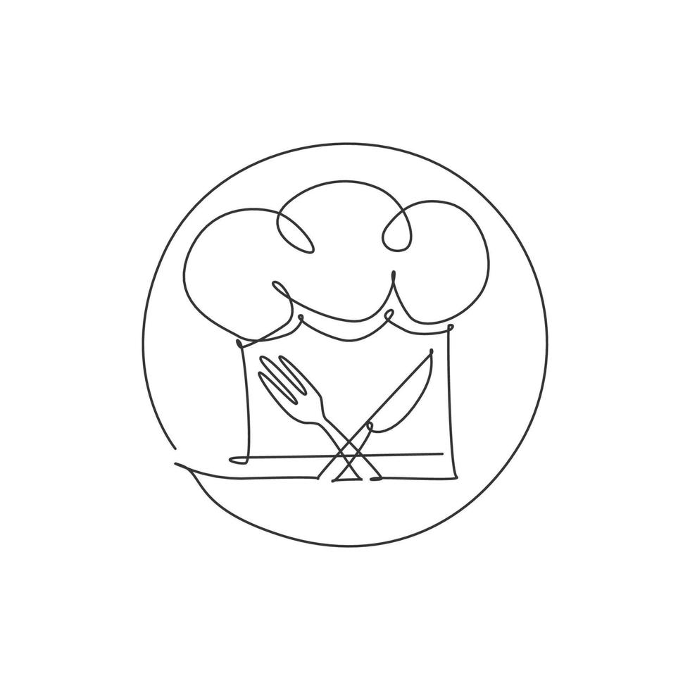 un disegno a linea singola di cappello da cuoco o berretto con forchetta e coltello per l'illustrazione grafica vettoriale del ristorante. concetto di distintivo del caffè elegante. logotipo di cibo di strada di design moderno a linea continua