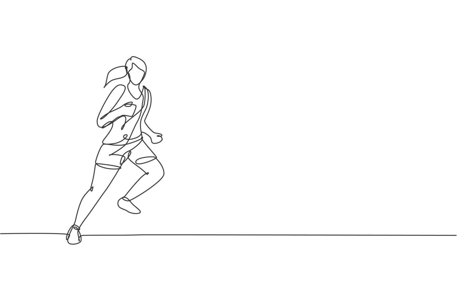 un disegno a linea singola di una giovane donna energica runner correre relax illustrazione grafica vettoriale. sport individuali, concetto di allenamento. moderno disegno a linea continua per l'esecuzione di banner da competizione vettore