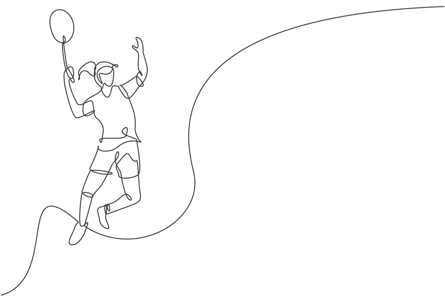 un disegno a linea continua di un giovane giocatore di badminton salta il volano con la racchetta. concetto di sport competitivo. illustrazione vettoriale dinamica di disegno a linea singola per poster di promozione del torneo