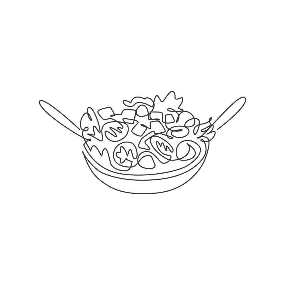 un disegno a linea singola di grafica di illustrazione vettoriale del logo di insalata organica fresca. menu del bar di cibo vegano sano e concetto di distintivo del ristorante. logotipo di cibo di strada di design moderno a linea continua