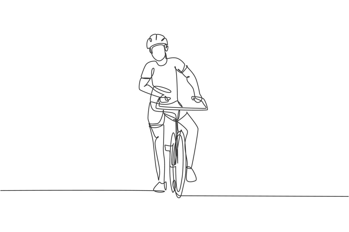 un unico disegno a linea continua di un giovane ciclista agile posa con sicurezza all'evento ciclistico. concetto di stile di vita sportivo. illustrazione vettoriale alla moda di una linea di disegno per i media di promozione delle gare ciclistiche