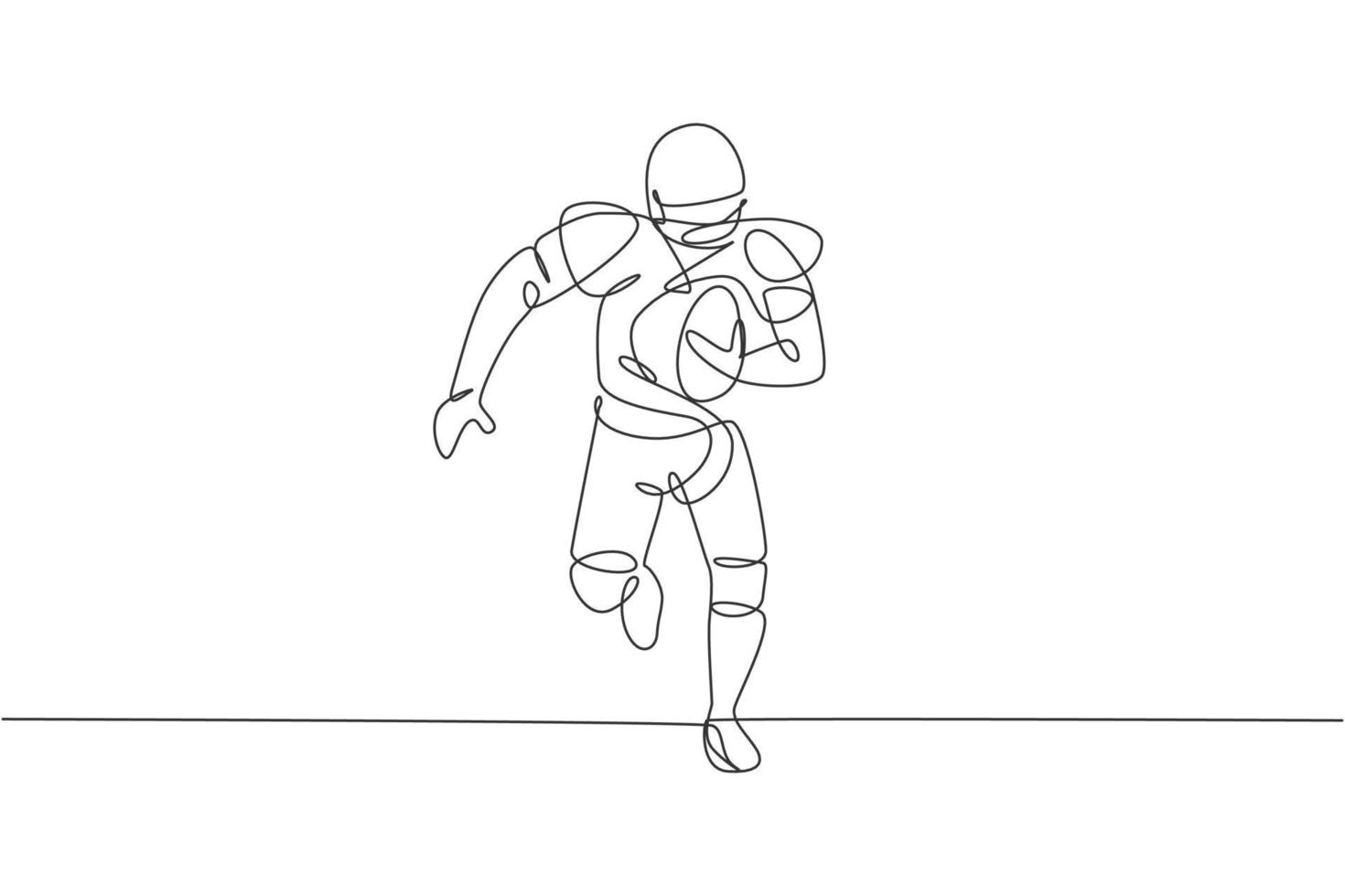 disegno a linea continua singola di un giovane giocatore di football americano agile che corre veloce verso la linea di porta per i media della competizione. concetto di esercizio sportivo. illustrazione vettoriale di disegno di una linea alla moda