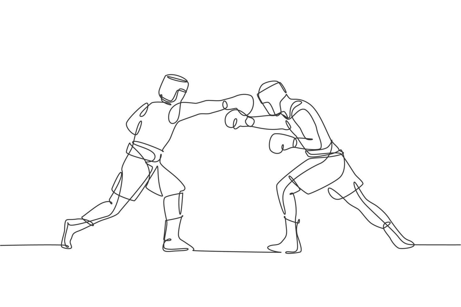 un disegno a linea singola di due giovani pugili energici si attaccano a vicenda all'illustrazione vettoriale di una partita di boxe. concetto di allenamento sportivo combattivo. moderno disegno a linea continua per banner di boxe