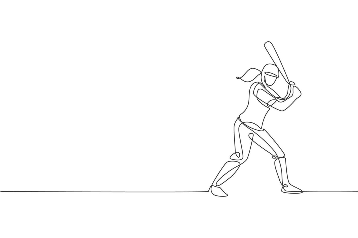 un disegno a linea singola della pratica del giocatore di baseball della giovane donna energica per colpire l'illustrazione vettoriale della palla. concetto di allenamento sportivo. design moderno a linea continua per banner torneo di baseball