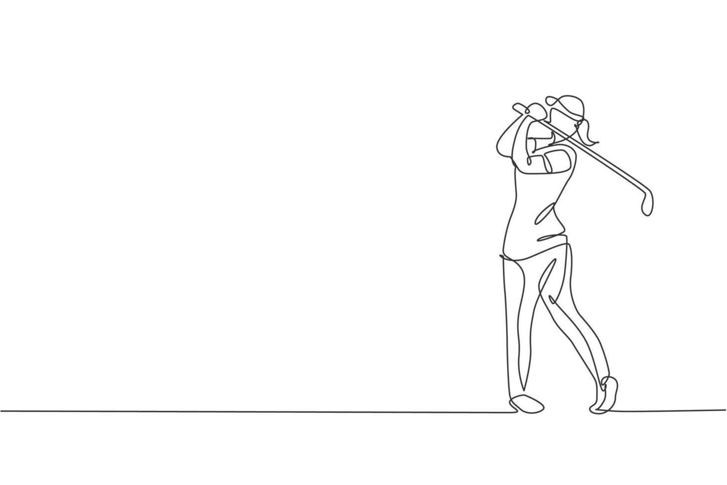 un disegno a linea continua di un giovane giocatore di golf oscillare la mazza da golf e colpire la palla. concetto di sport per il tempo libero. grafico dinamico dell'illustrazione di vettore del disegno di linea singola per i media di promozione del torneo