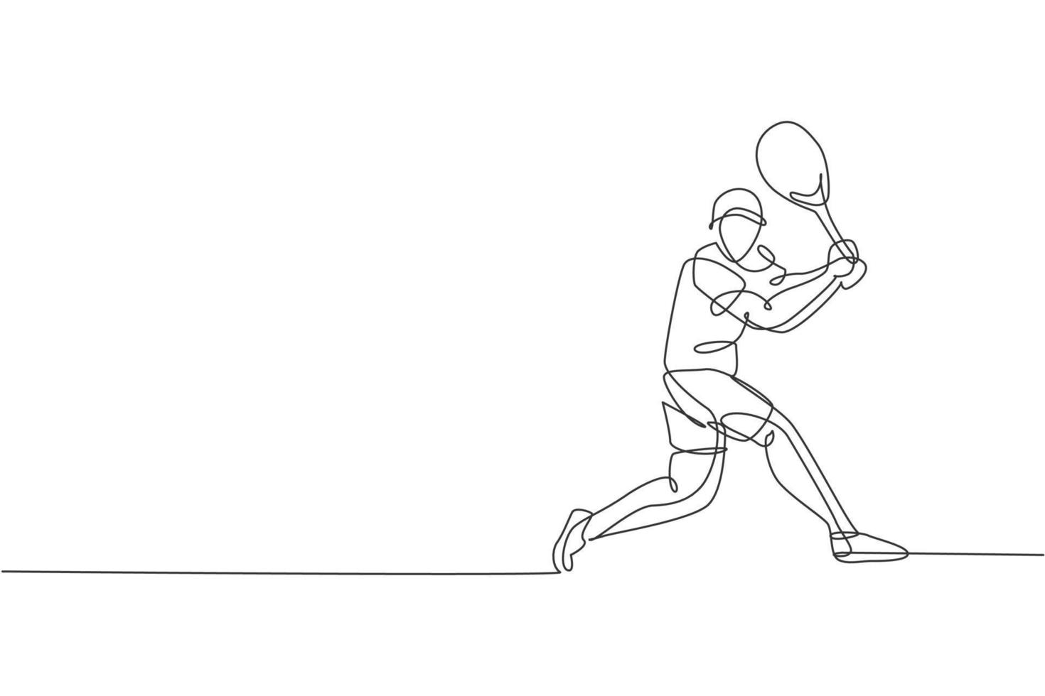 un unico disegno a linea continua di un giovane tennista agile si prepara a colpire la palla degli avversari. concetto di esercizio sportivo. illustrazione vettoriale alla moda di una linea di disegno per i media di promozione di tornei di tennis