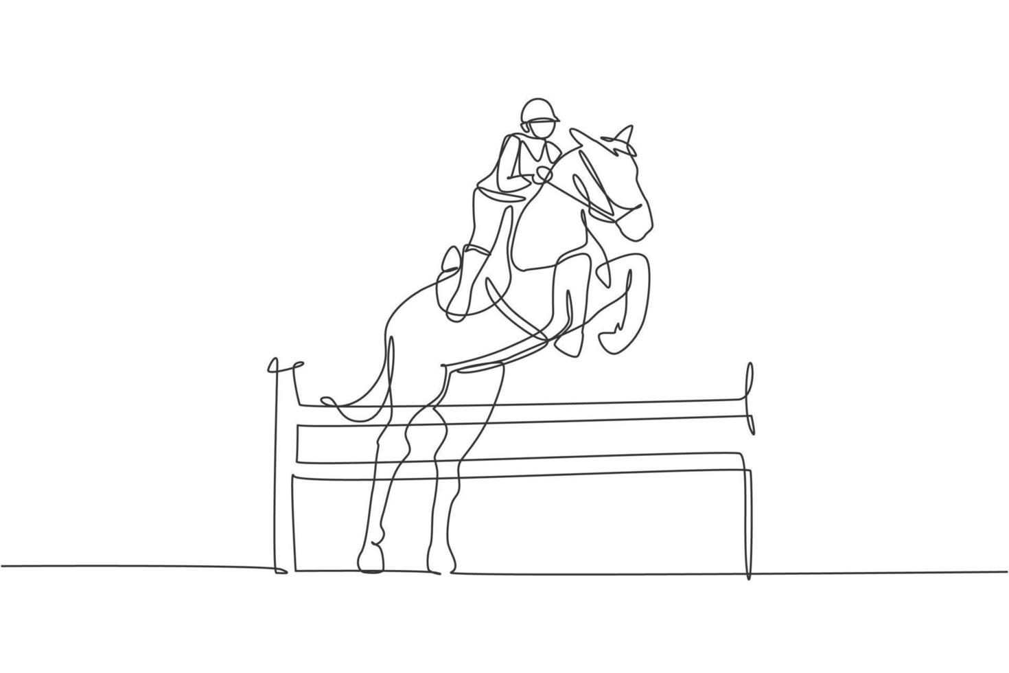 un disegno a linea singola giovane cavaliere uomo che esegue dressage saltando il grafico di illustrazione vettoriale di prova di ostacolo. concetto di competizione di spettacolo di sport equestri. moderno disegno a linea continua