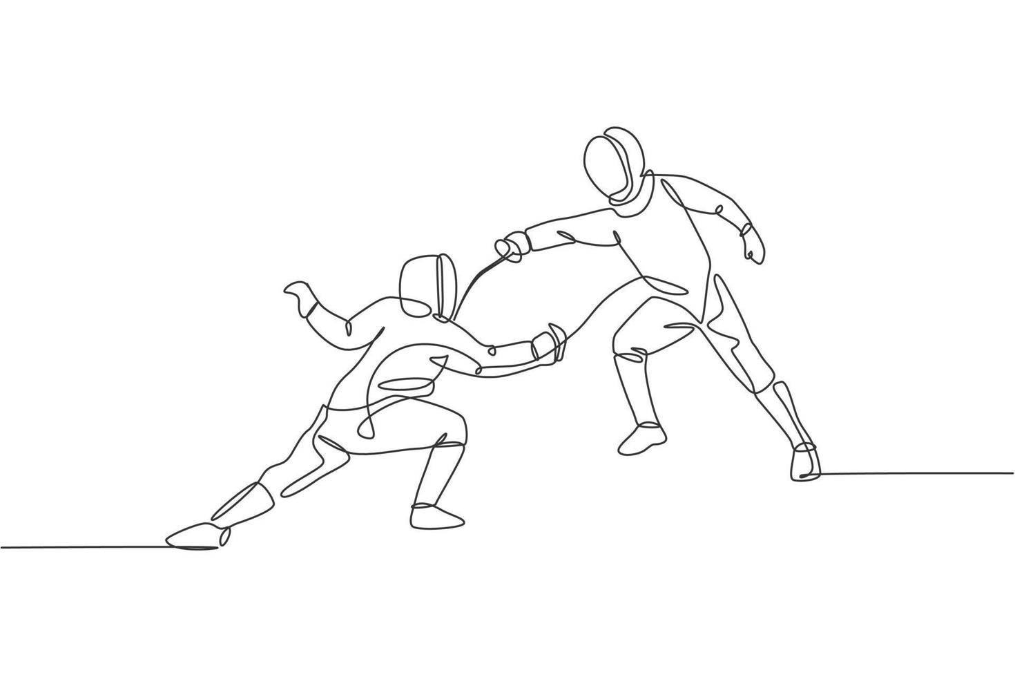 un disegno a linea continua di due giovani uomini che scherma atleta pratica l'azione di combattimento sull'arena sportiva. costume da scherma e concetto di spada in mano. illustrazione vettoriale dinamica del disegno a linea singola