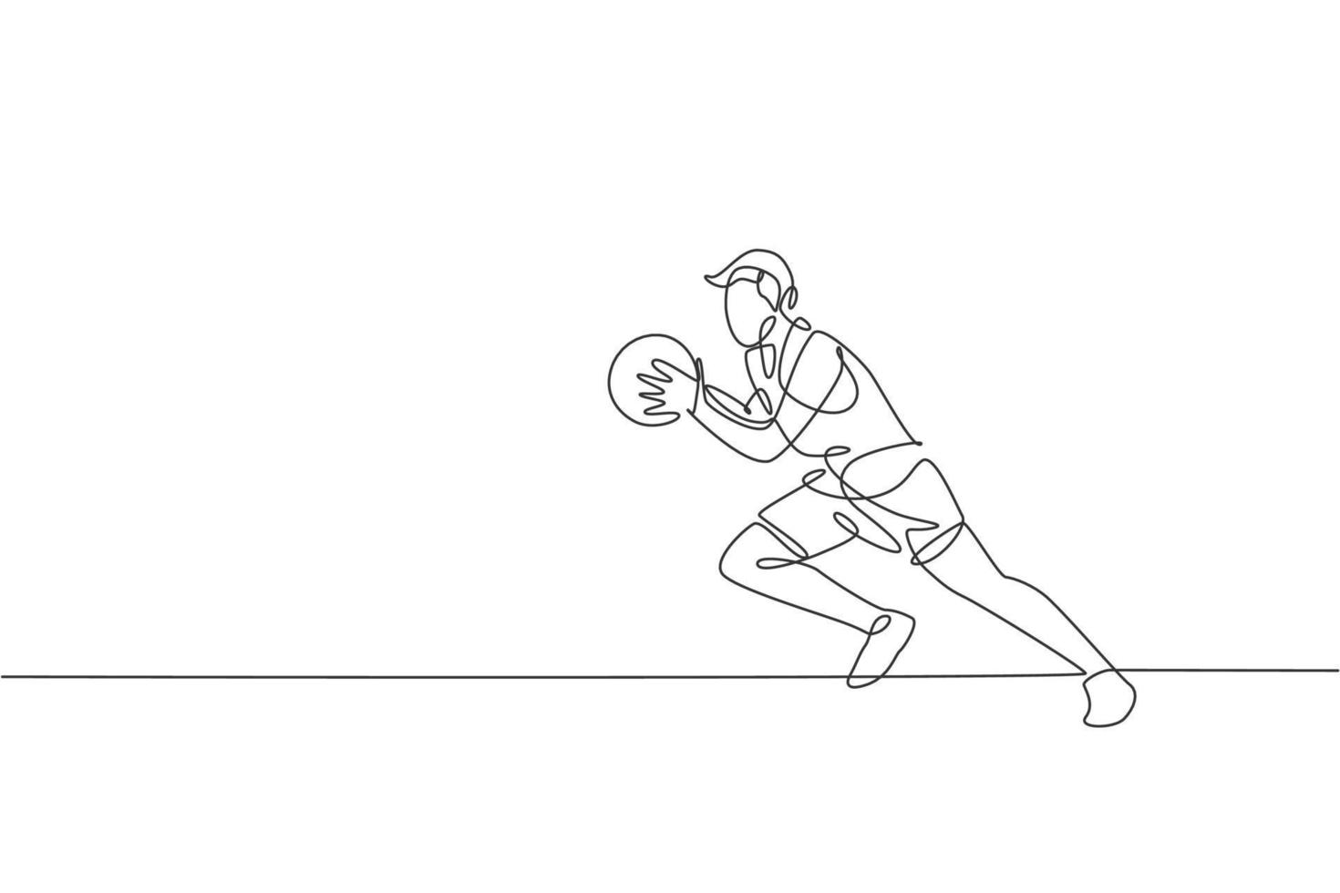 disegno a linea continua singola di un giovane giocatore di basket in buona salute che corre. concetto di sport competitivo. illustrazione vettoriale alla moda di una linea di disegno per i media di promozione di tornei di basket