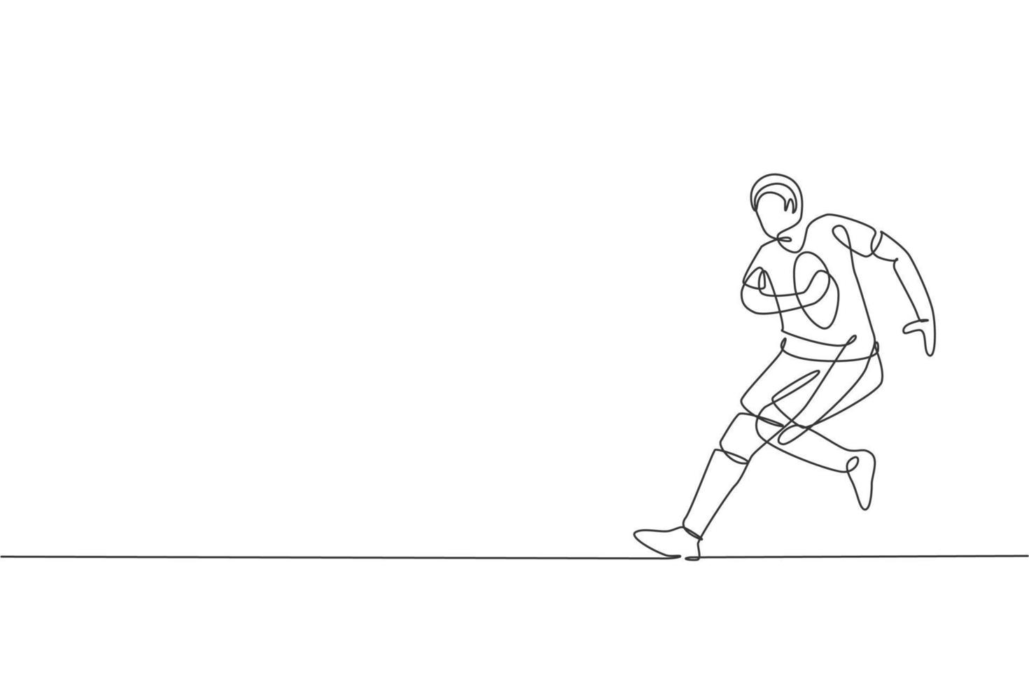 un disegno a linea singola di un giovane energico giocatore di rugby che si allena e si esercita sull'illustrazione vettoriale sul campo. concetto di sport di contatto completo del corpo. design moderno a linea continua per tornei di rugby