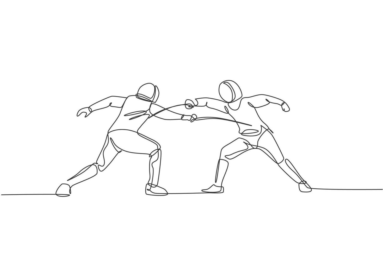 un disegno a linea continua di due uomini che praticano l'atleta di scherma combattendo su un'arena sportiva professionale. costume da scherma e concetto di spada in mano. illustrazione vettoriale dinamica del disegno a linea singola