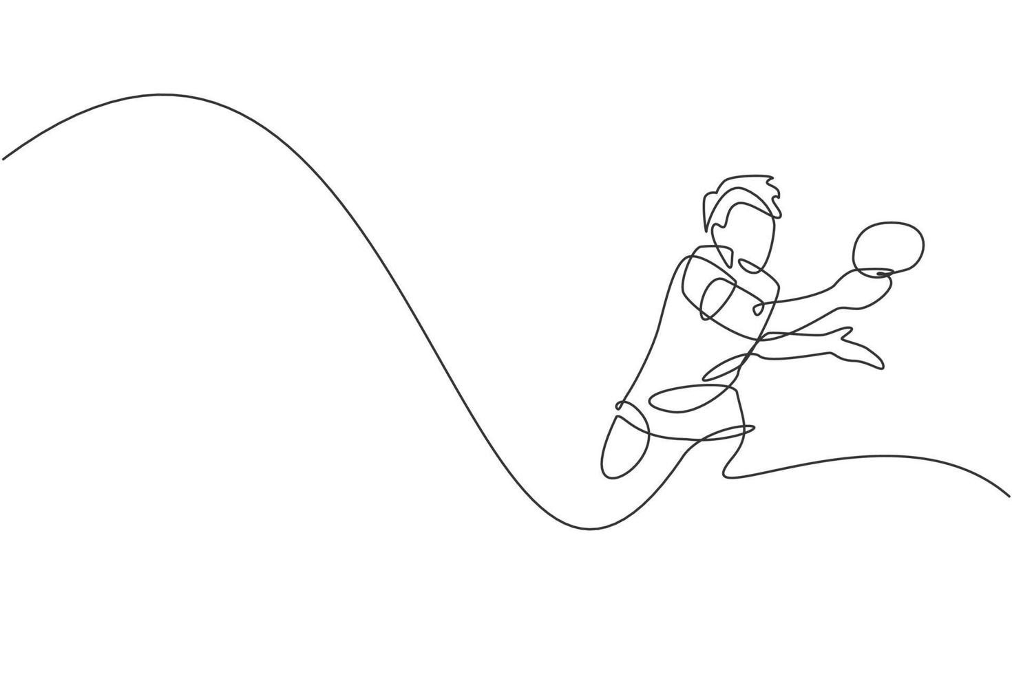 un disegno a linea singola di un giovane energico giocatore di ping-pong tiene l'illustrazione vettoriale rivale della palla. concetto di allenamento sportivo. moderno disegno a linea continua per banner per tornei di ping pong