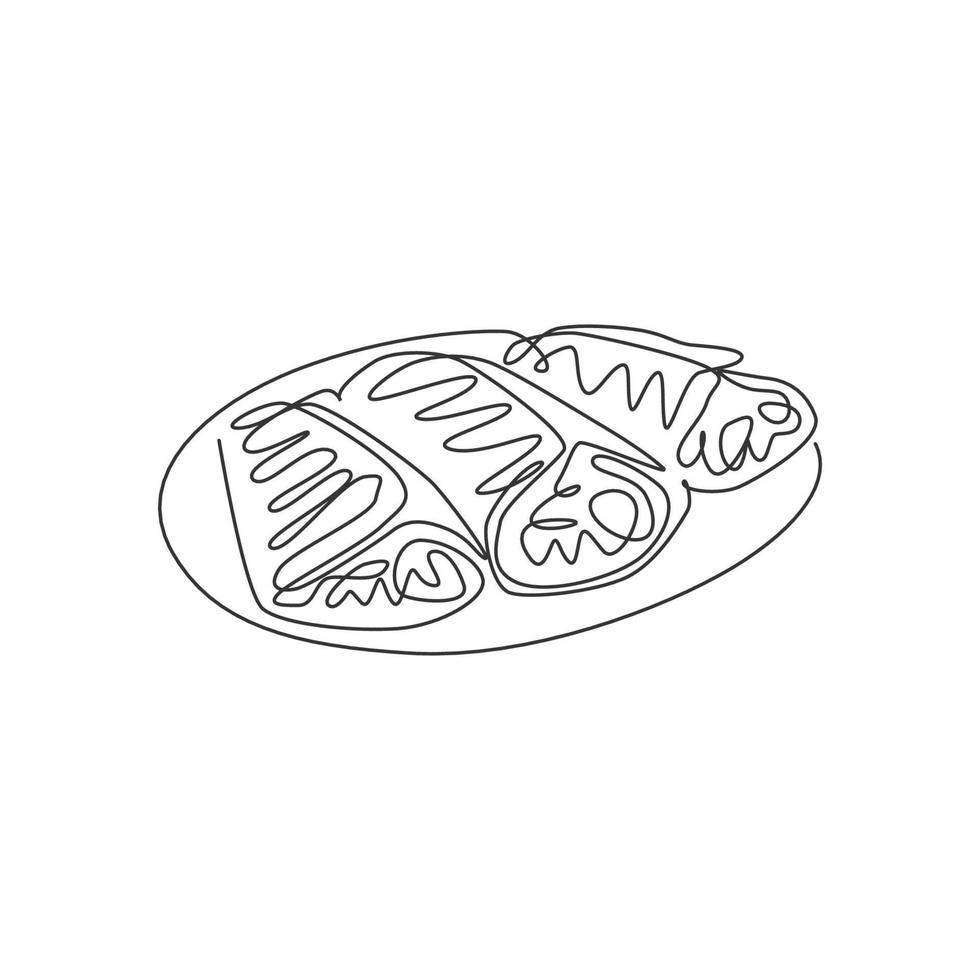 un disegno a linea singola di crepes fresche croccanti sull'illustrazione vettoriale del logo della piastra. spuntino dolce fast food menu del caffè e concetto distintivo del ristorante. logotipo di cibo di strada di design moderno a linea continua