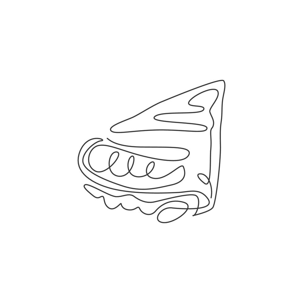 disegno a linea continua singola di crepes croccanti stilizzate con sciroppo, etichetta con logo ripieno di salsa di cioccolato. concetto di ristorante snack dolce. illustrazione vettoriale moderna di disegno di una linea per negozio di caffè